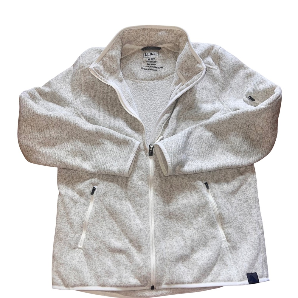 LL Bean Sweater Fleece Full Zip Jacket Sherpa Lined Cream Tan 500772 M Petite